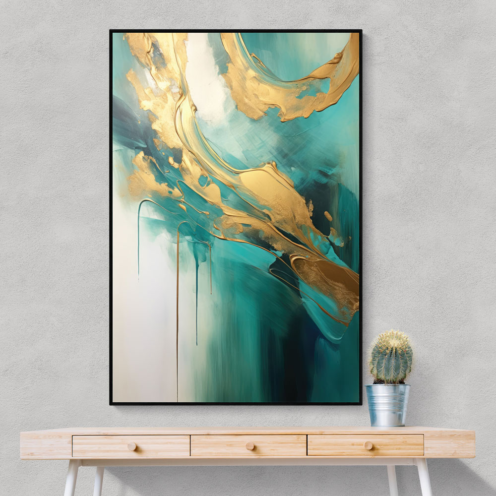 Gold Stroke On Teal Abstract Wall Art