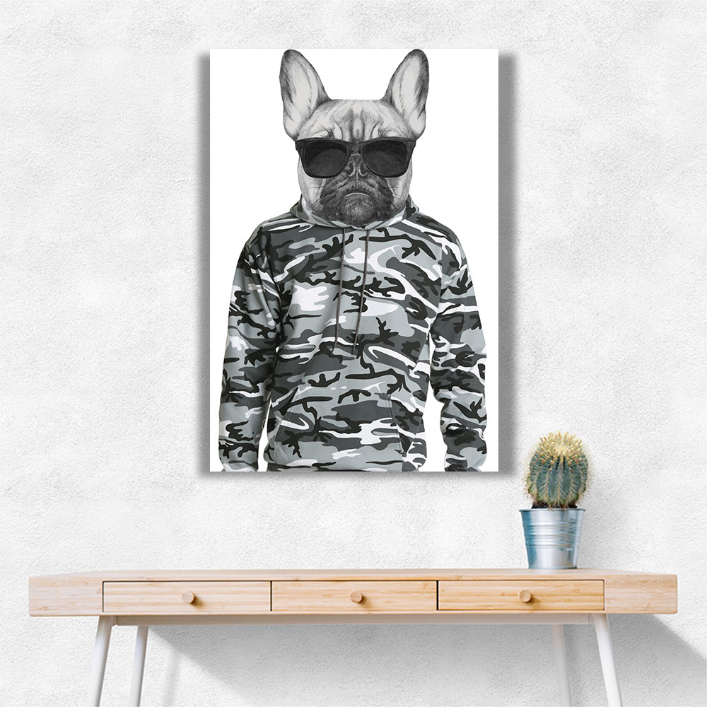 French Bulldog Wearing Sunglasses and Cammo Hoodie