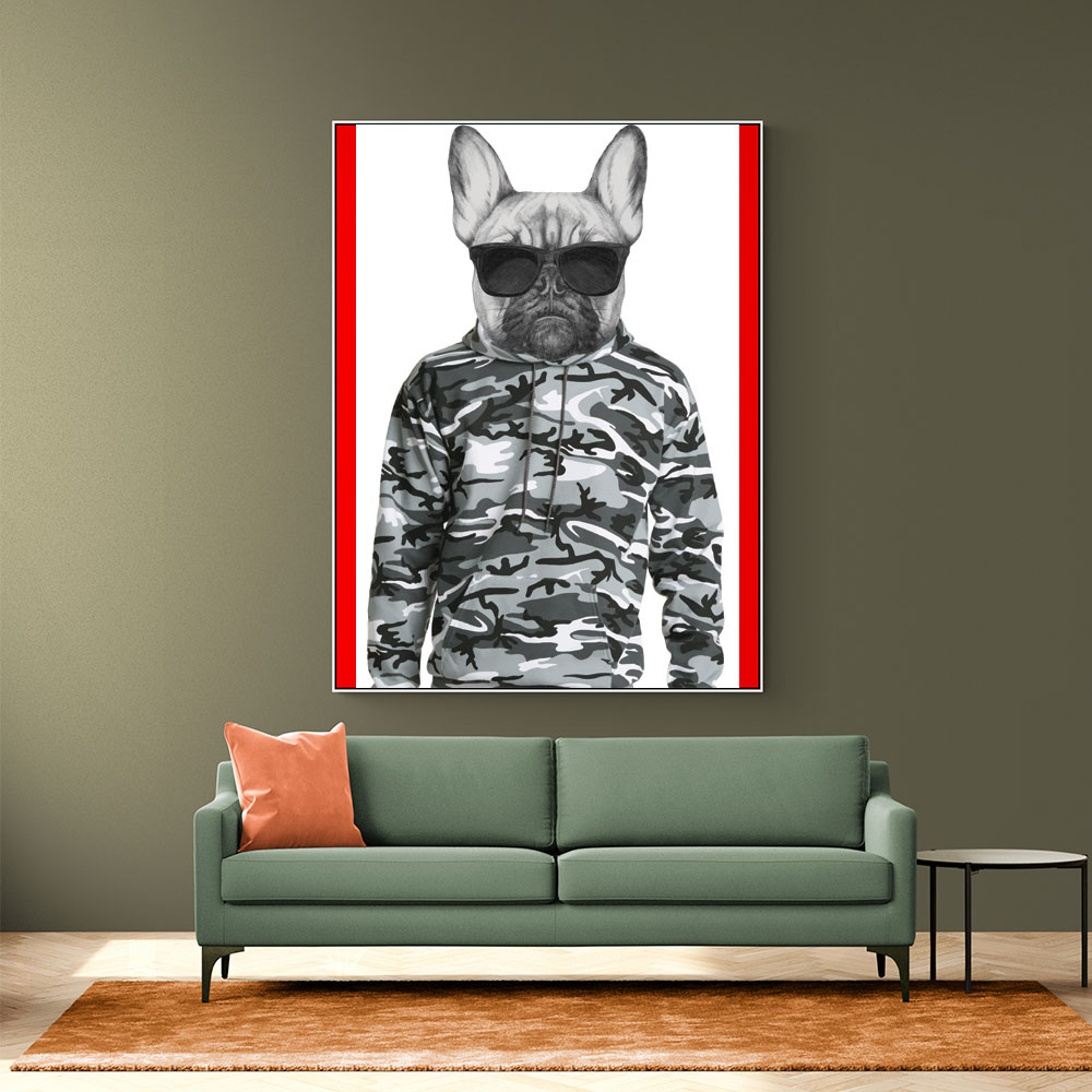 French Bulldog Wearing Sunglasses and Cammo Hoodie French Bulldog Wearing Sunglasses and Cammo Hoodie
