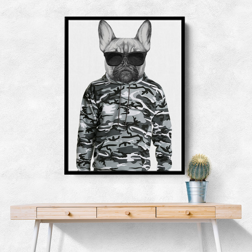 French Bulldog Wearing Sunglasses and Cammo Hoodie French Bulldog Wearing Sunglasses and Cammo Hoodie