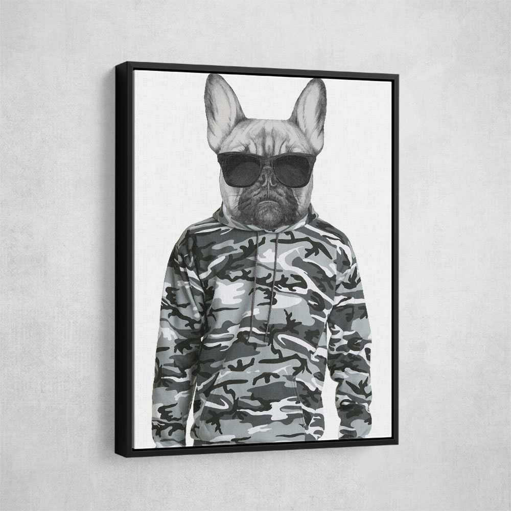 French Bulldog Wearing Sunglasses and Cammo Hoodie French Bulldog Wearing Sunglasses and Cammo Hoodie