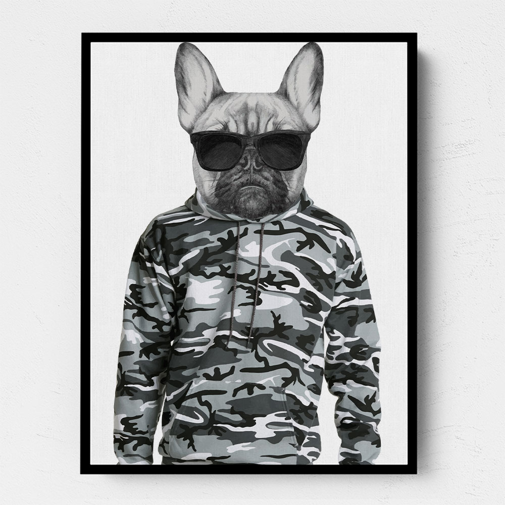 French Bulldog Wearing Sunglasses and Cammo Hoodie French Bulldog Wearing Sunglasses and Cammo Hoodie
