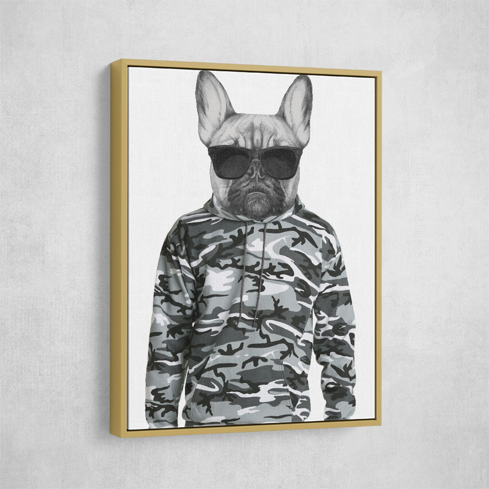French Bulldog Wearing Sunglasses and Cammo Hoodie French Bulldog Wearing Sunglasses and Cammo Hoodie