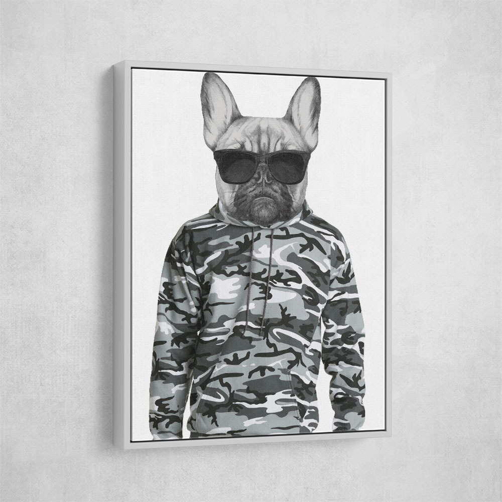 French Bulldog Wearing Sunglasses and Cammo Hoodie French Bulldog Wearing Sunglasses and Cammo Hoodie