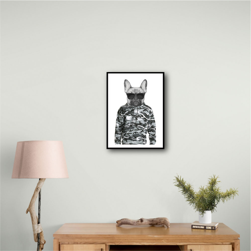 French Bulldog Wearing Sunglasses and Cammo Hoodie French Bulldog Wearing Sunglasses and Cammo Hoodie