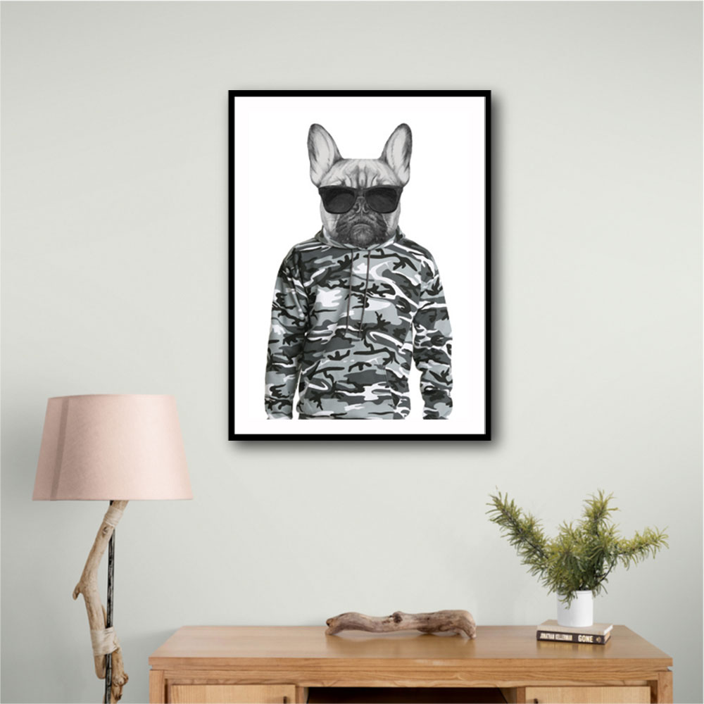 French Bulldog Wearing Sunglasses and Cammo Hoodie