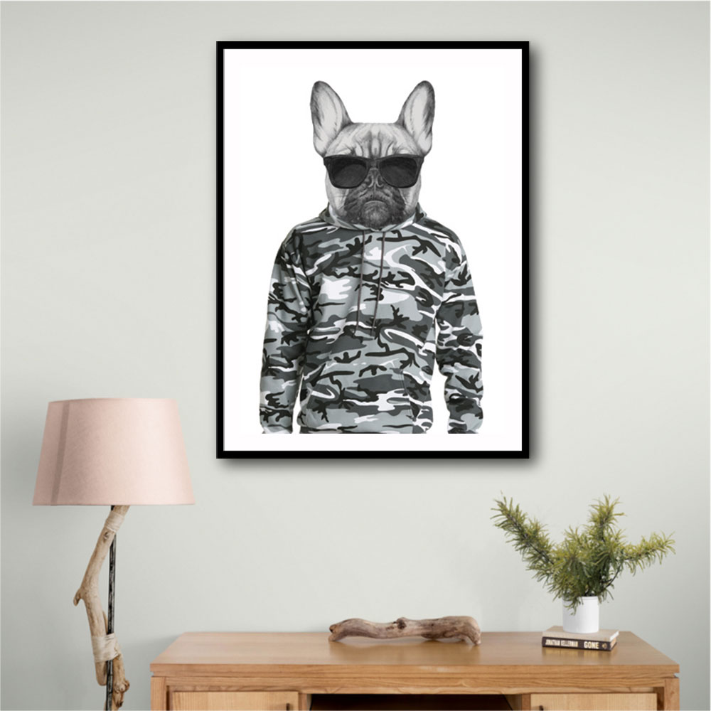 French Bulldog Wearing Sunglasses and Cammo Hoodie French Bulldog Wearing Sunglasses and Cammo Hoodie