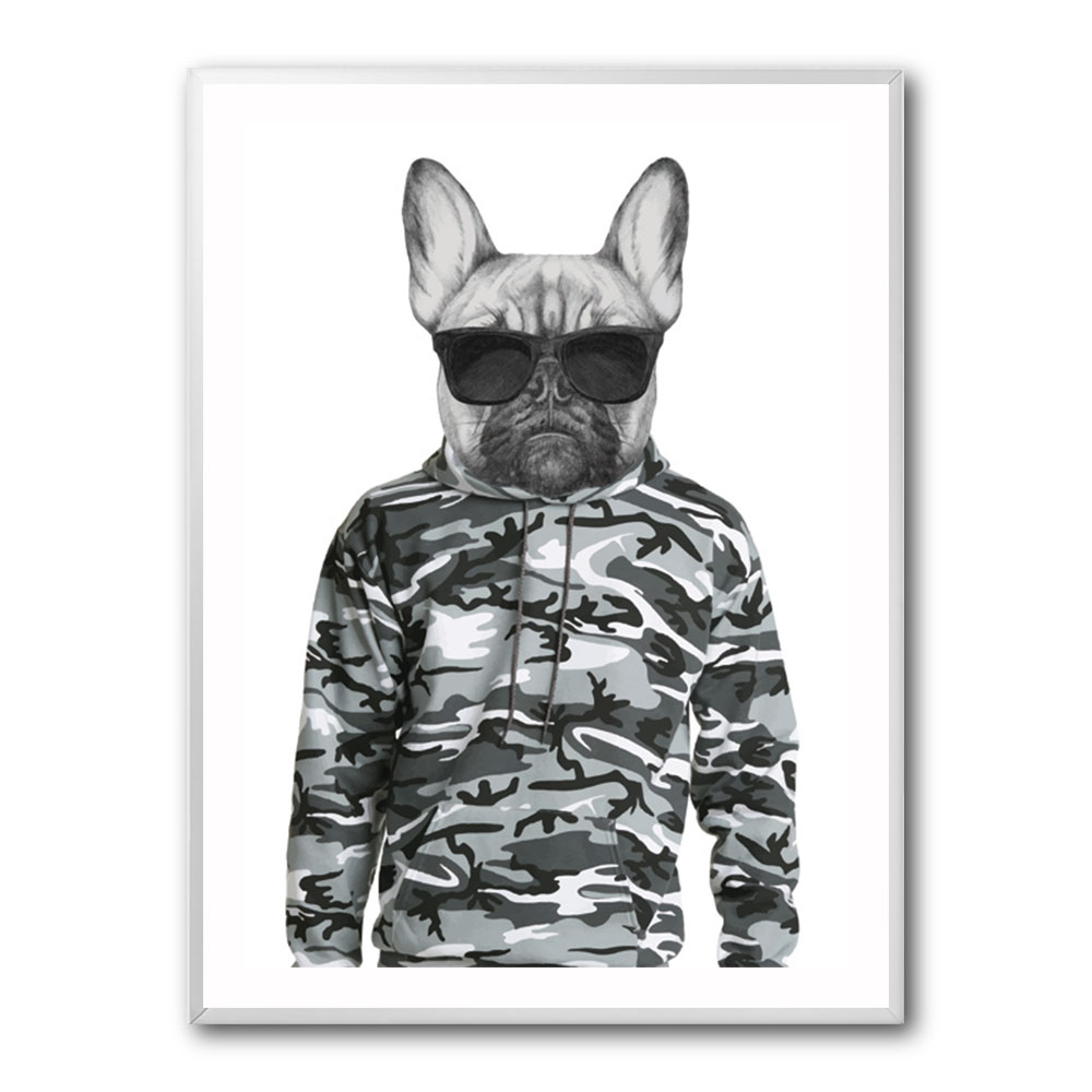 French Bulldog Wearing Sunglasses and Cammo Hoodie French Bulldog Wearing Sunglasses and Cammo Hoodie