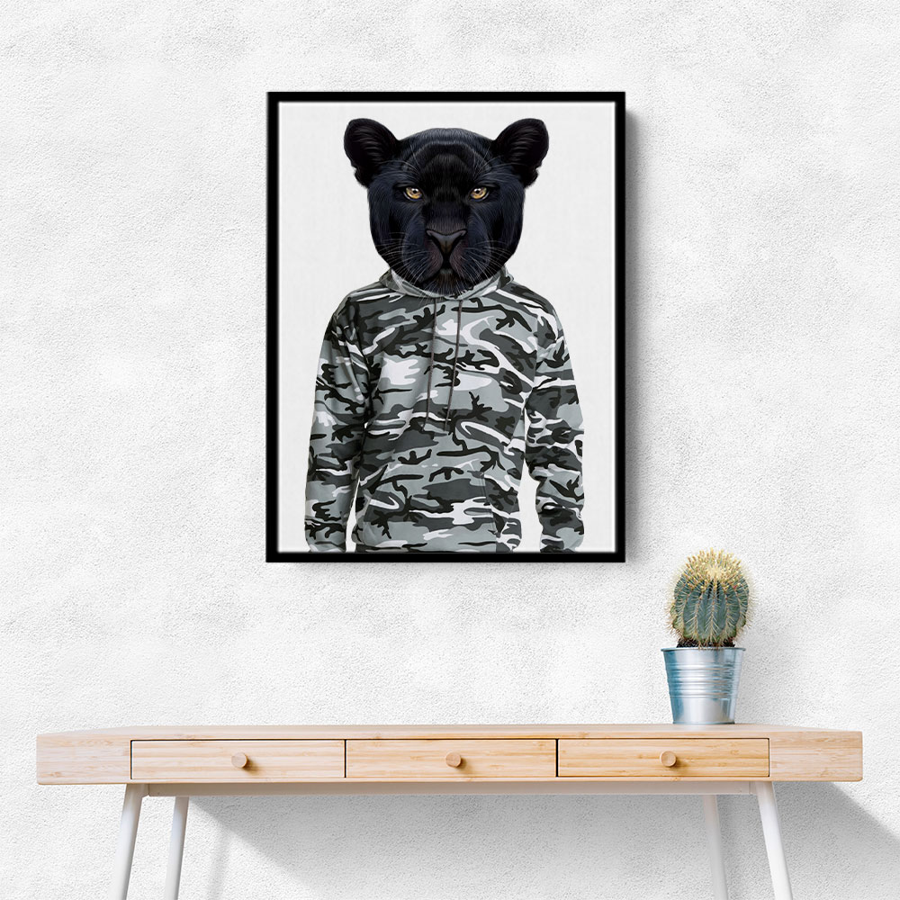 Black Panther Wearing Cammo Hoodie Black Panther Wearing Cammo Hoodie