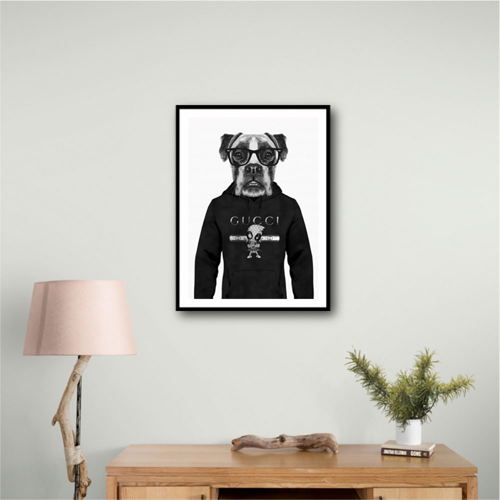 Boxer Dog in a Hoodie Black & White