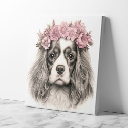 Cavalier King Charles Spaniel Pink Flowers Wall Art