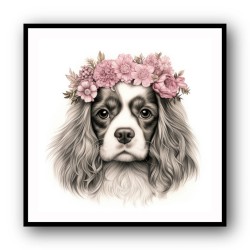 Cavalier King Charles Spaniel Pink Flowers Wall Art