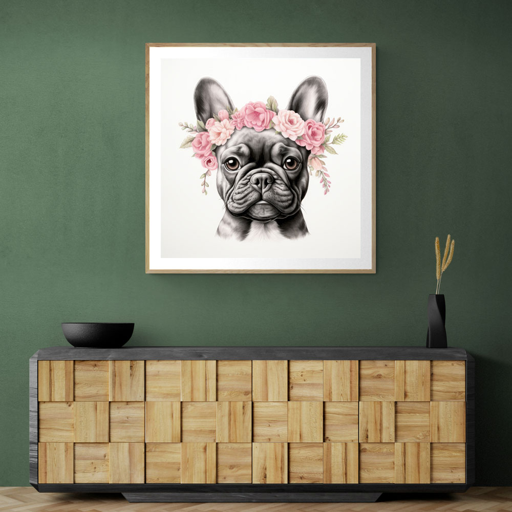 French Bulldog With Pink Flowers Wall Art French Bulldog With Pink Flowers Wall Art