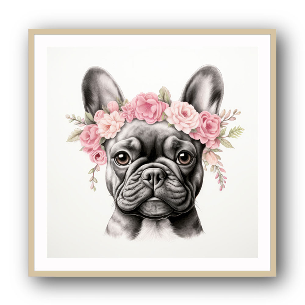 French Bulldog With Pink Flowers Wall Art