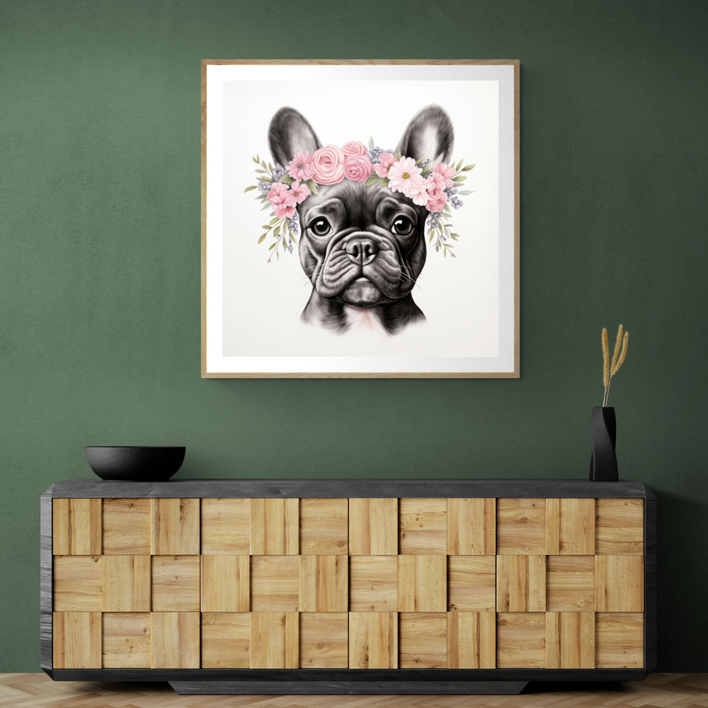 French Bulldog With Pink Flowers 2 Wall Art