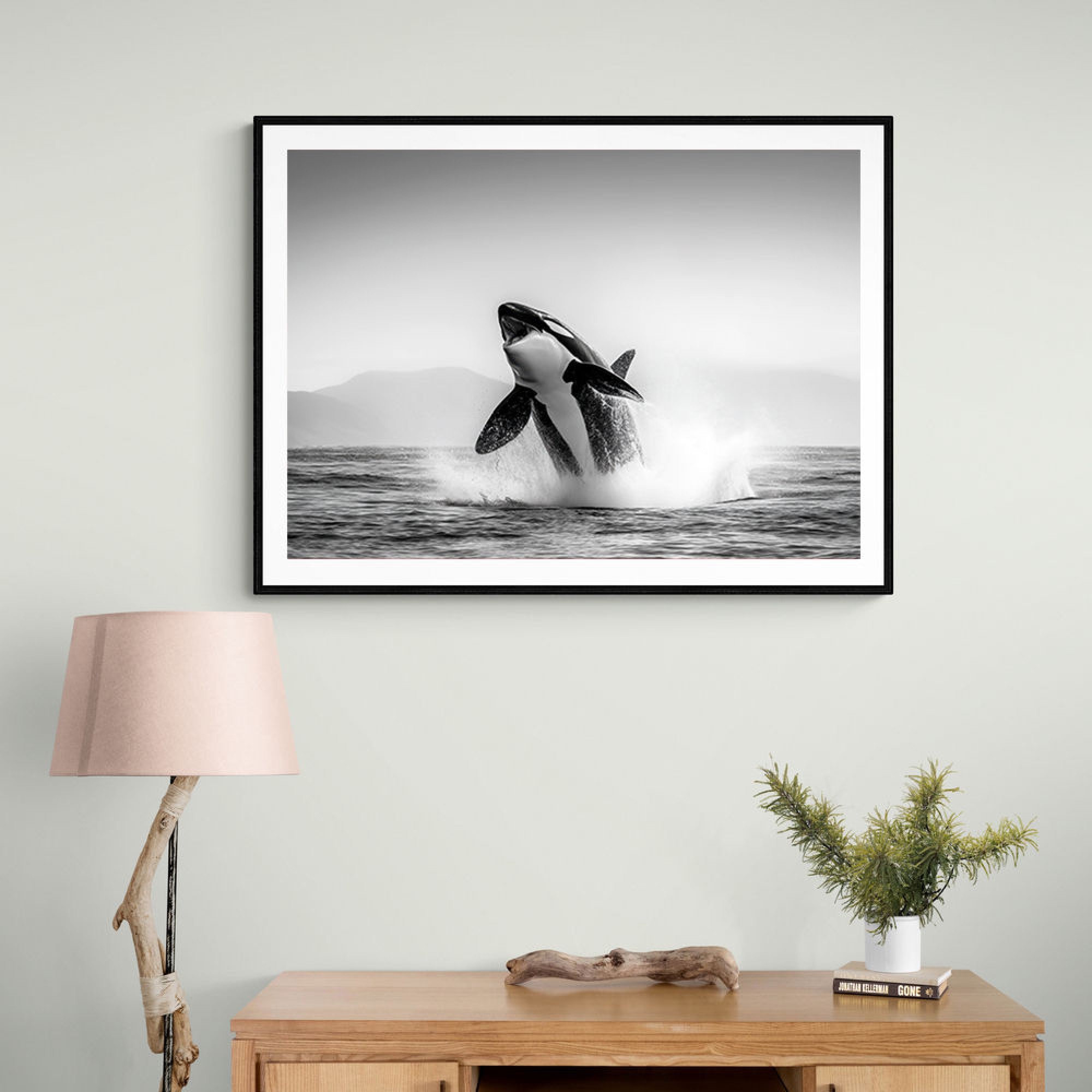 Orca Play Wall Art – Black & White Marine Wildlife Print