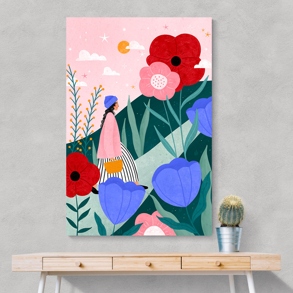 Woman Walking in Flower Garden