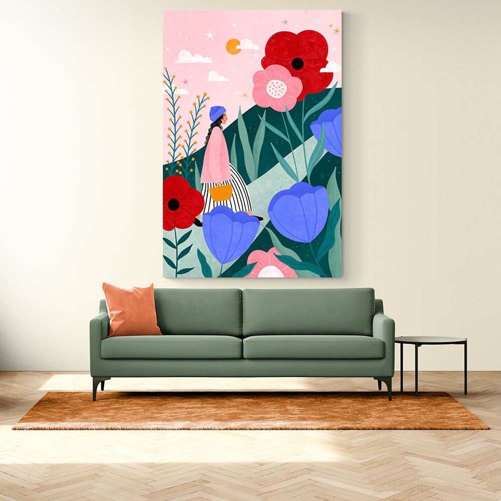 Woman Walking in Flower Garden