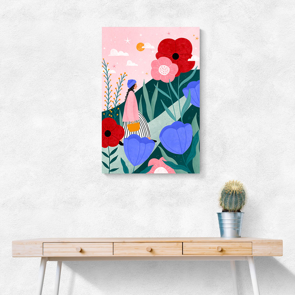 Woman Walking in Flower Garden