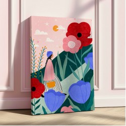 Woman Walking in Flower Garden
