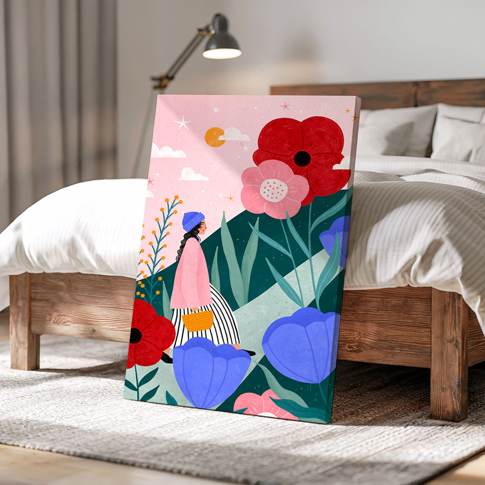 Woman Walking in Flower Garden