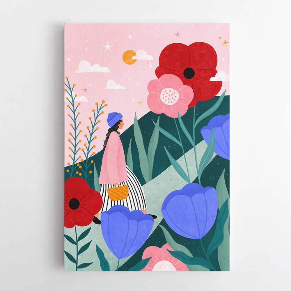 Woman Walking in Flower Garden