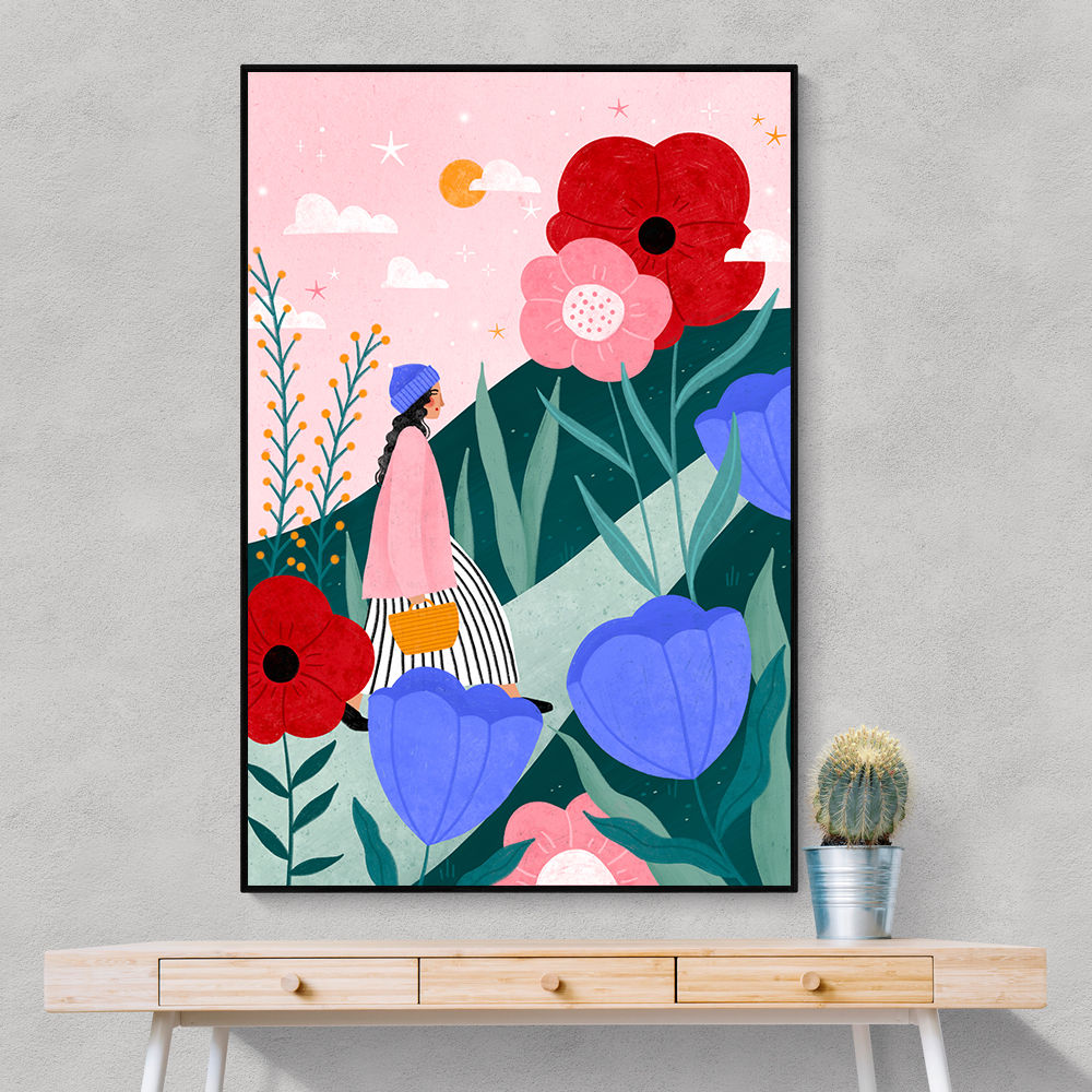 Woman Walking in Flower Garden