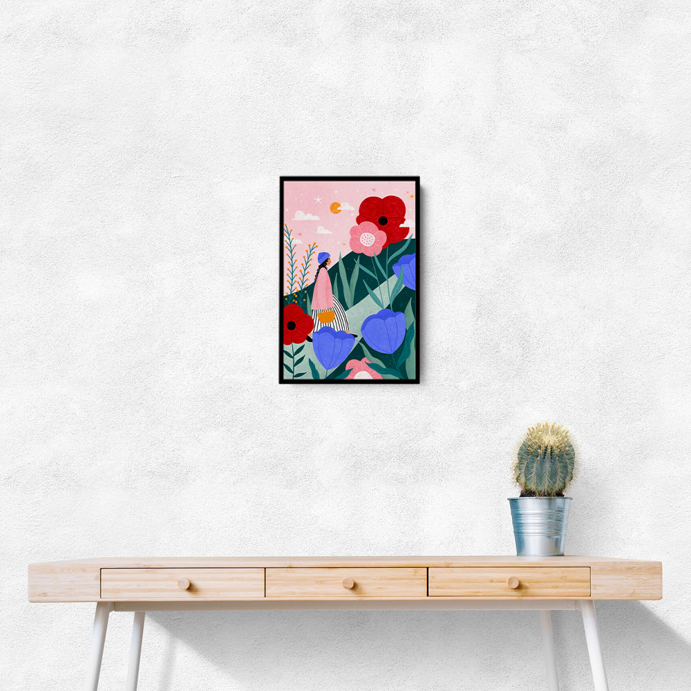Woman Walking in Flower Garden