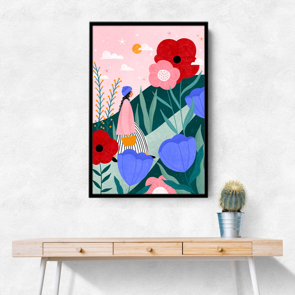 Woman Walking in Flower Garden