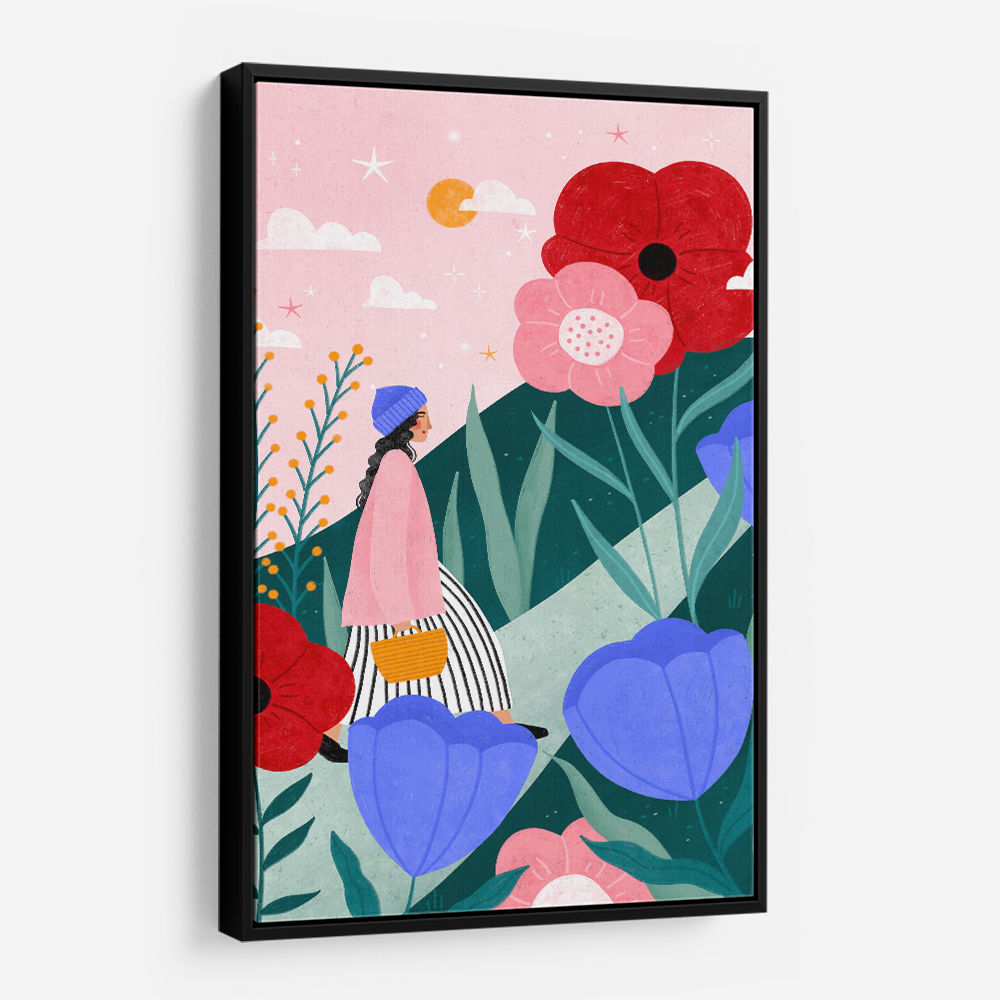 Woman Walking in Flower Garden