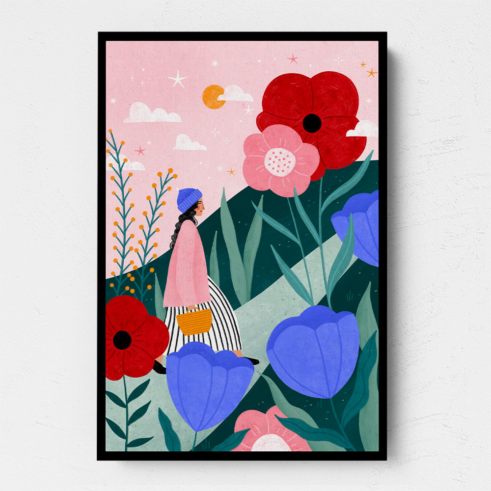 Woman Walking in Flower Garden