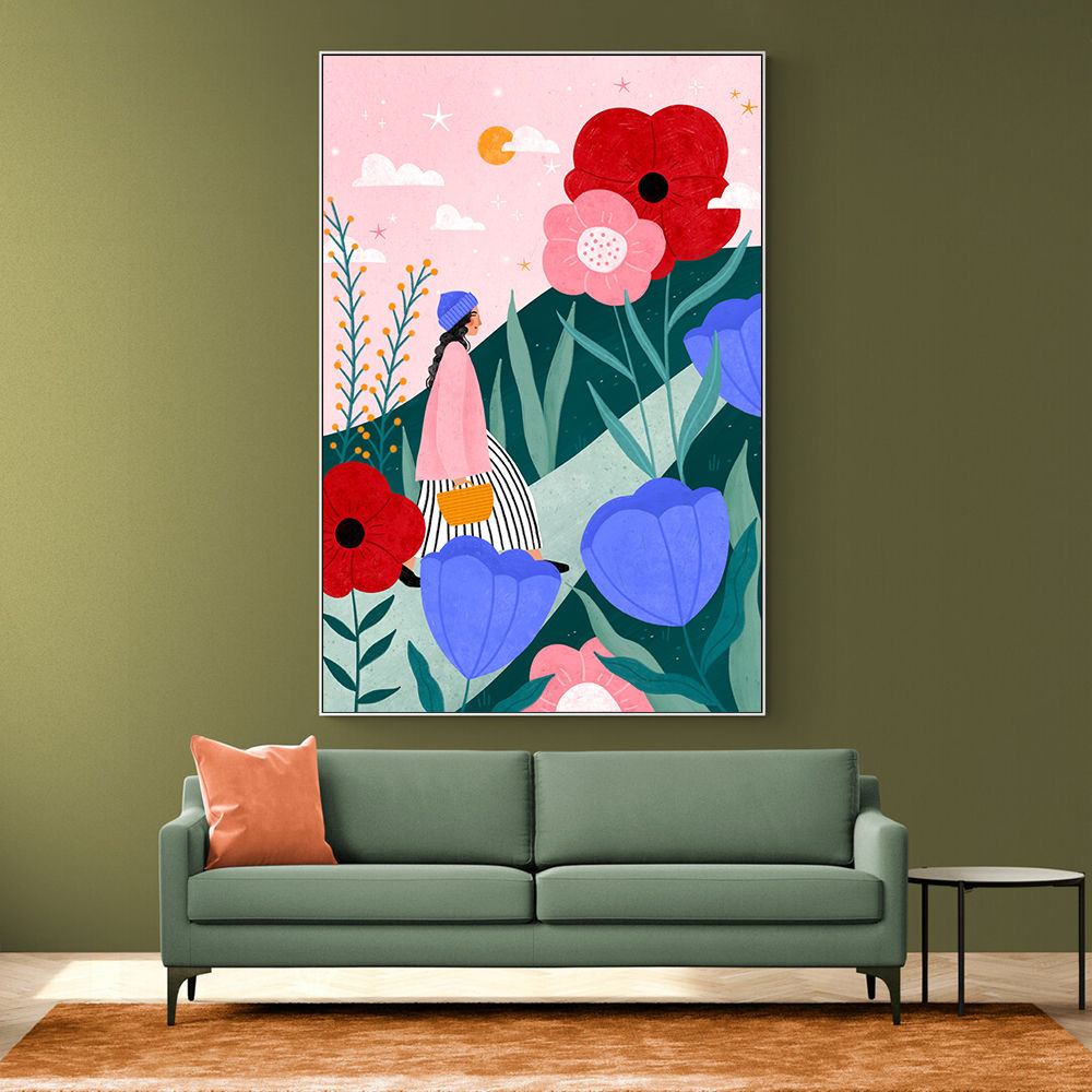 Woman Walking in Flower Garden