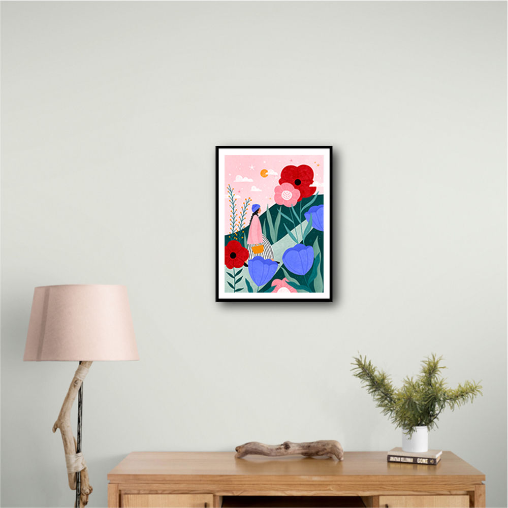 Woman Walking in Flower Garden