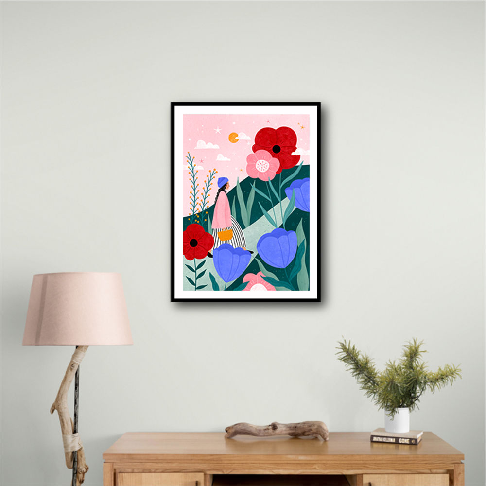 Woman Walking in Flower Garden