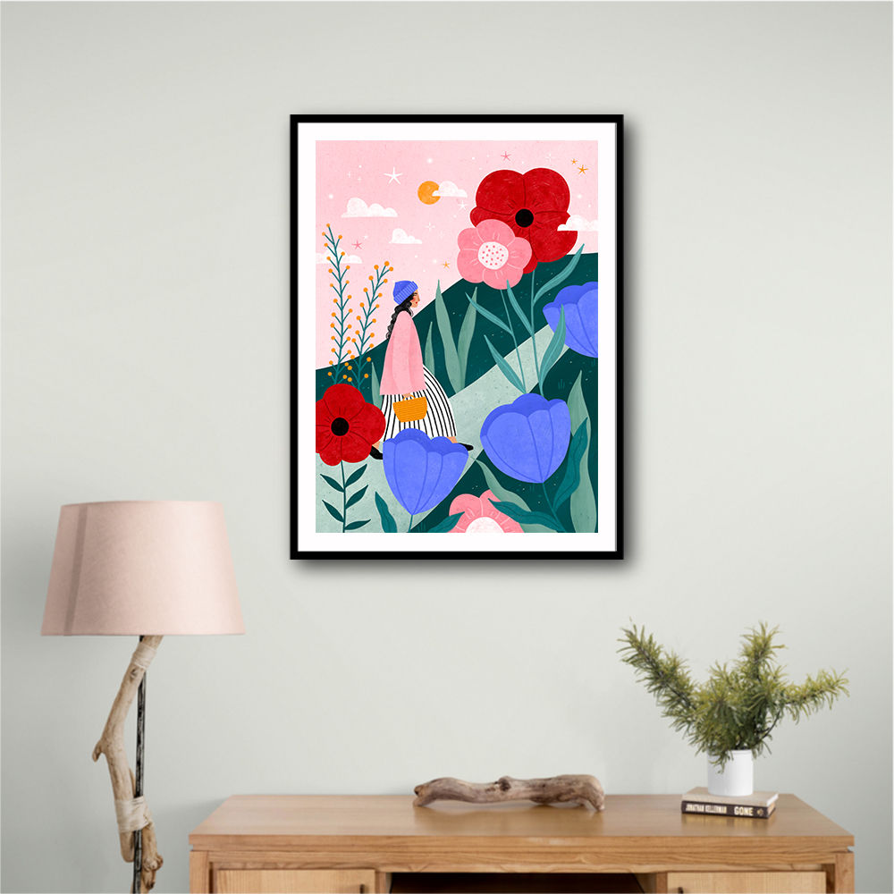 Woman Walking in Flower Garden