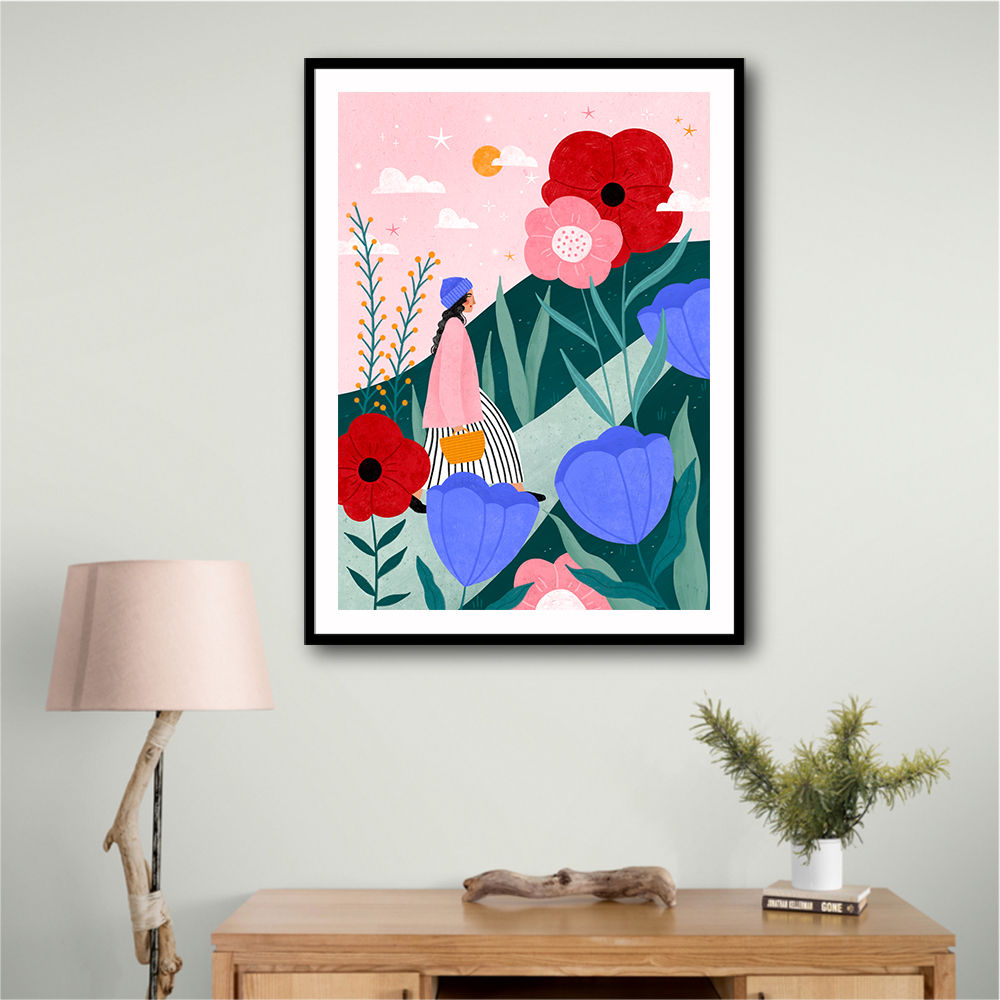 Woman Walking in Flower Garden