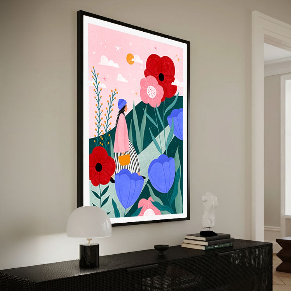 Woman Walking in Flower Garden