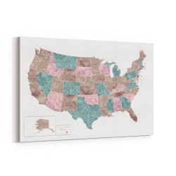 Pink and teal watercolor map of the US