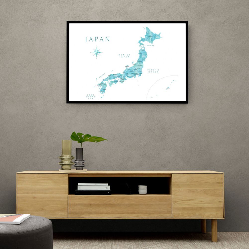 Aquamarine watercolor Japan map