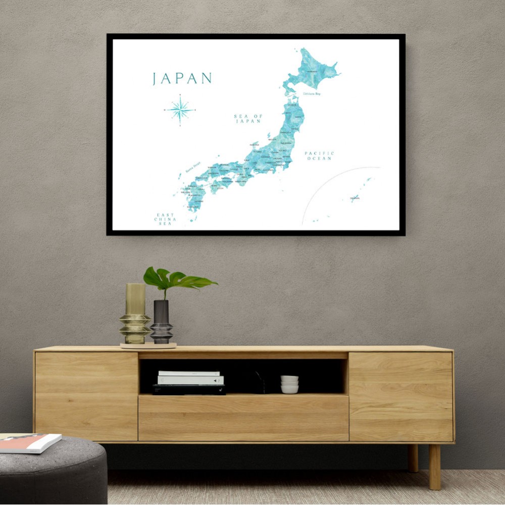 Aquamarine watercolor Japan map