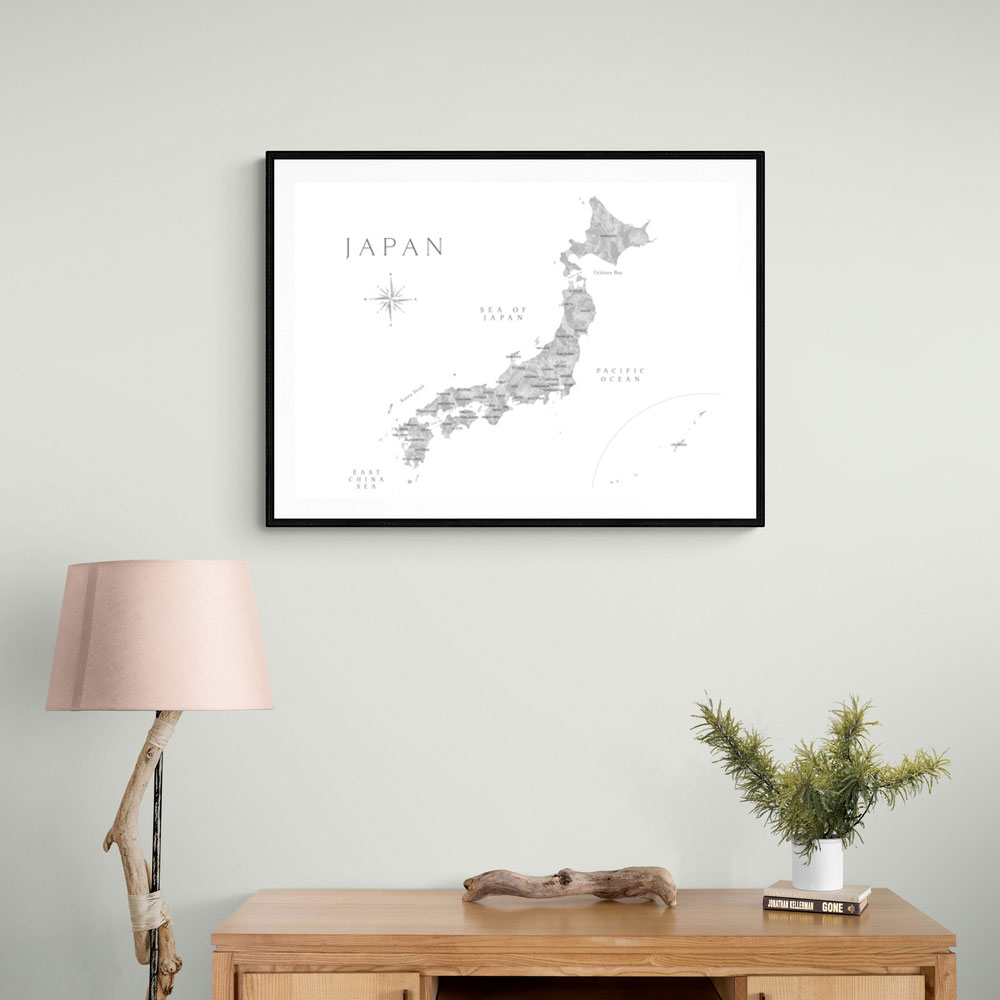 Gray watercorlor map of Japan