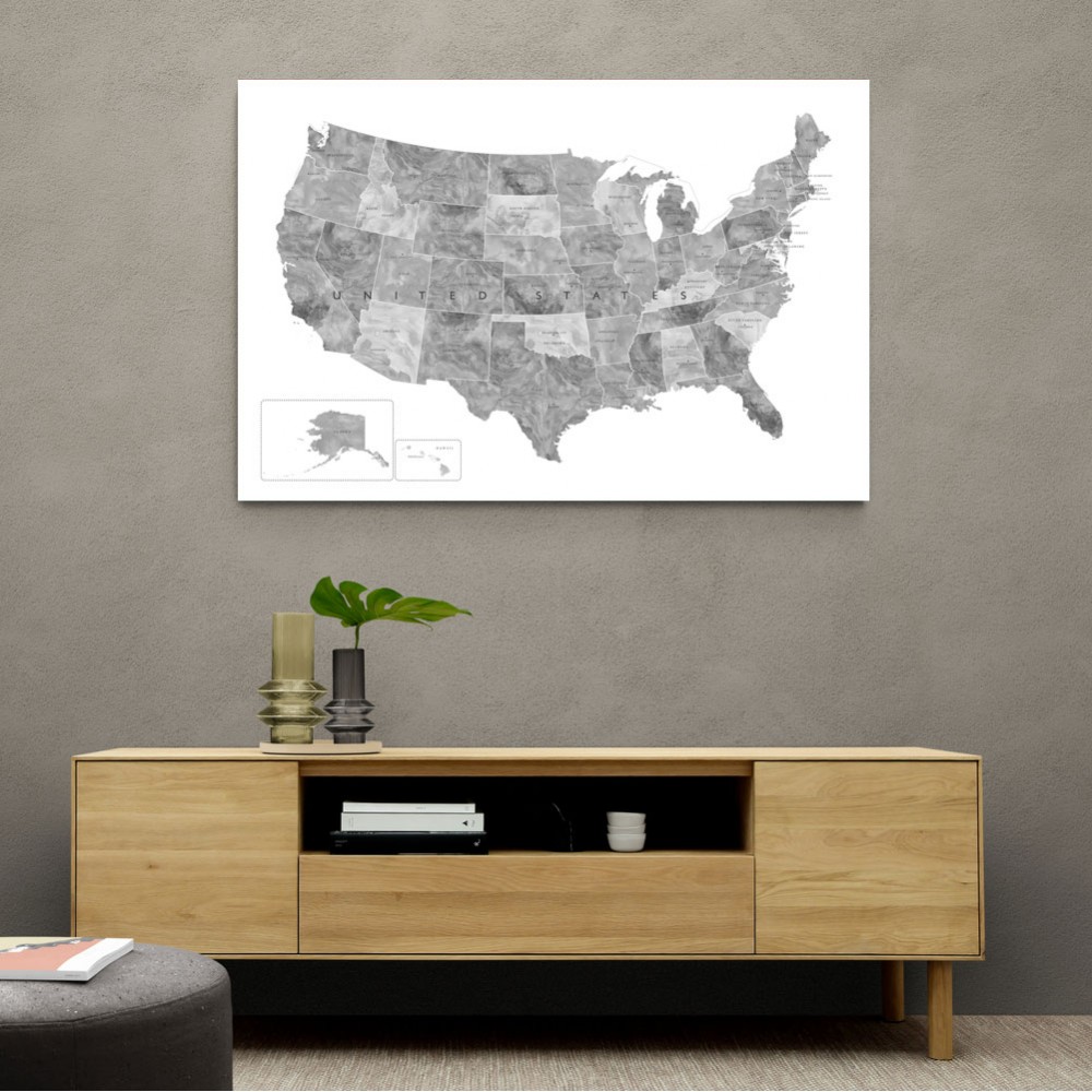 Gray watercolor map of the US