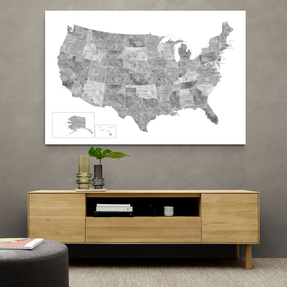 Gray watercolor map of the US