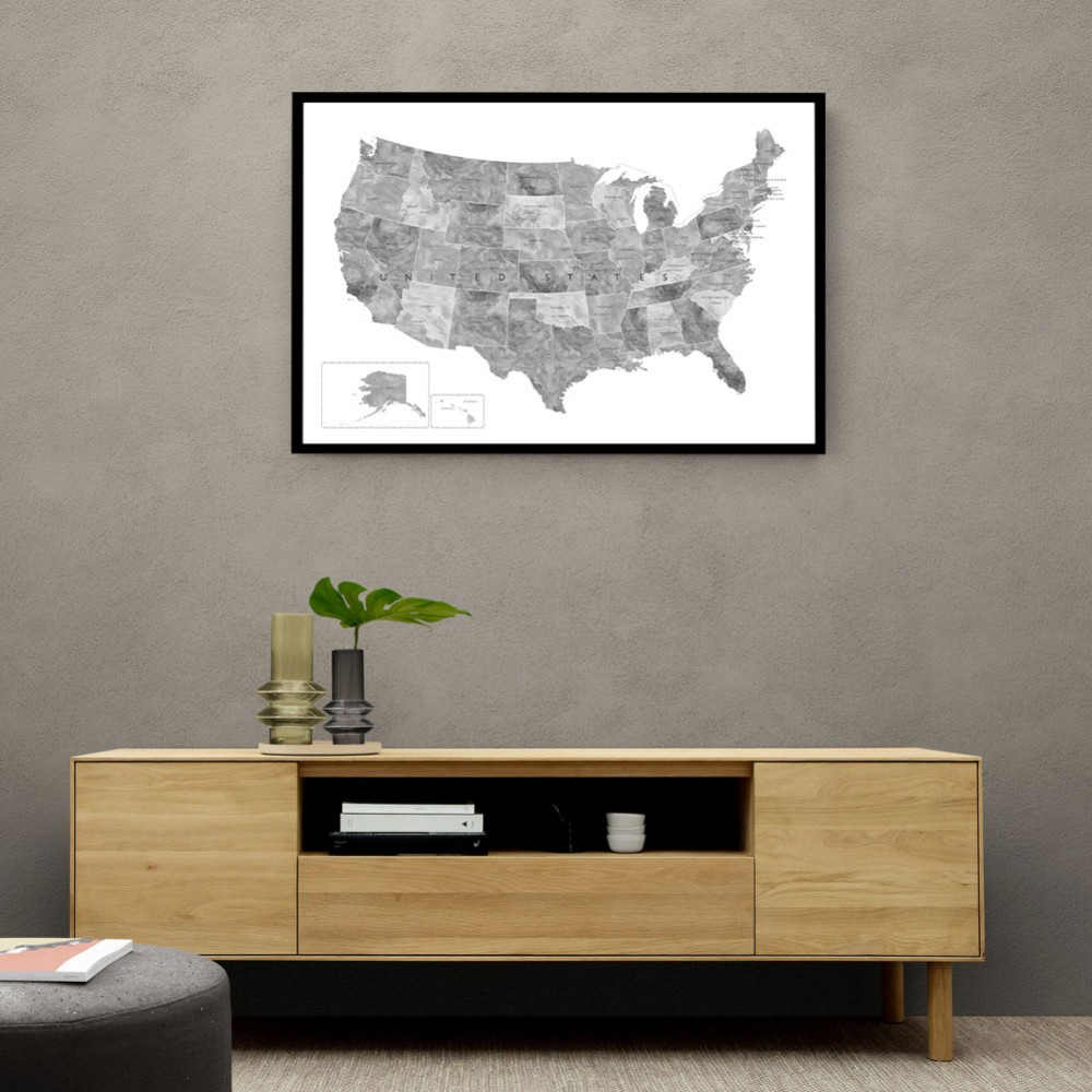 Gray watercolor map of the US