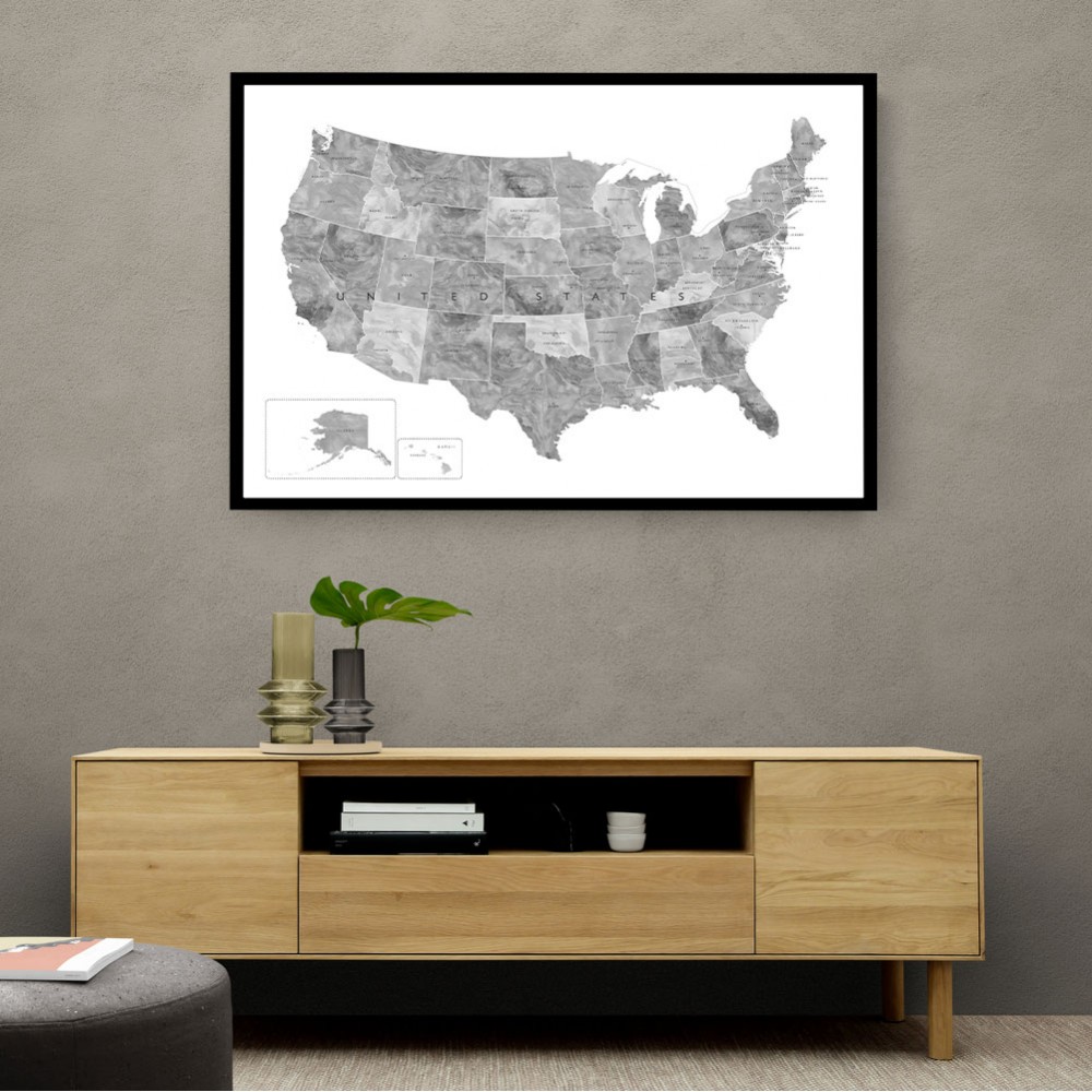 Gray watercolor map of the US