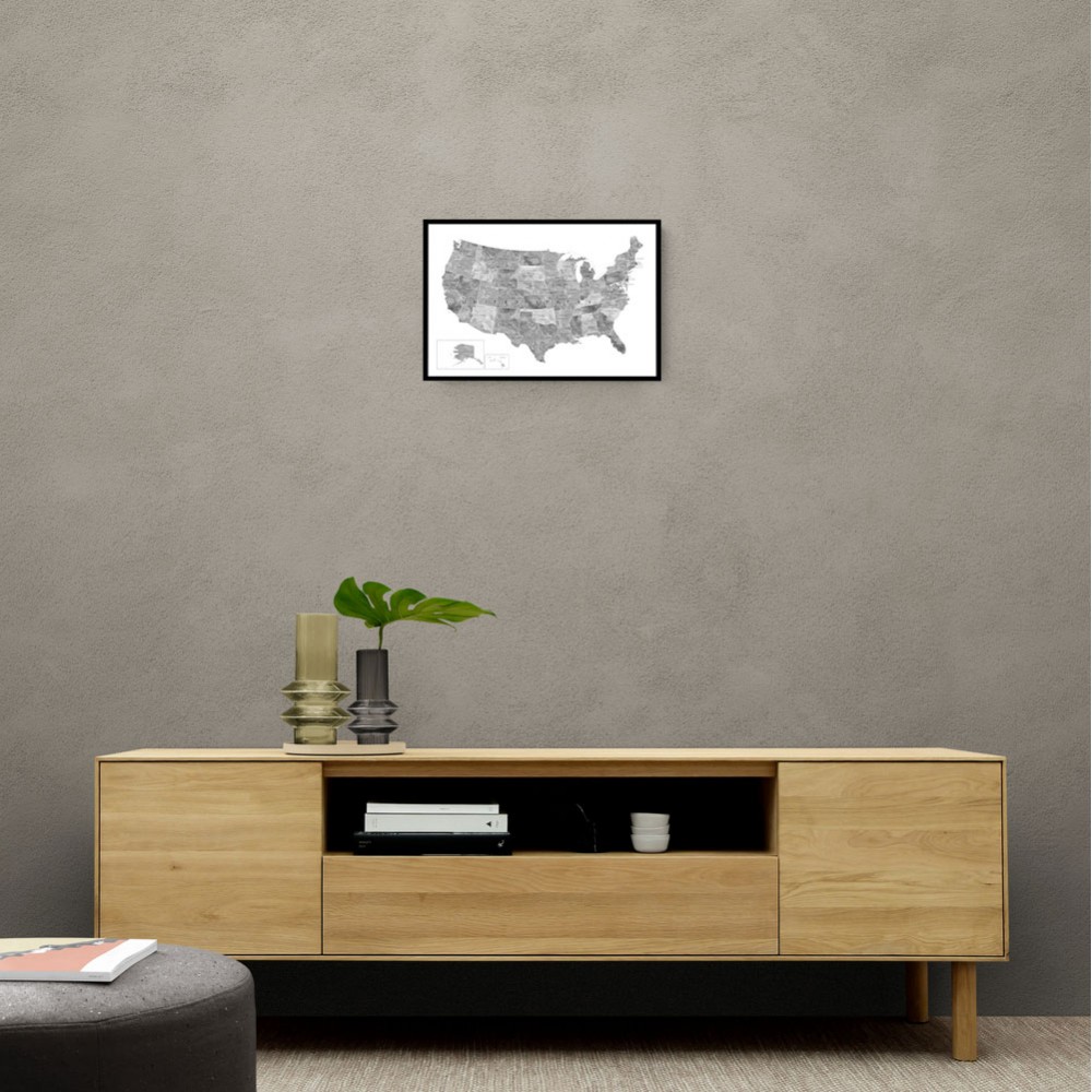 Gray watercolor map of the US