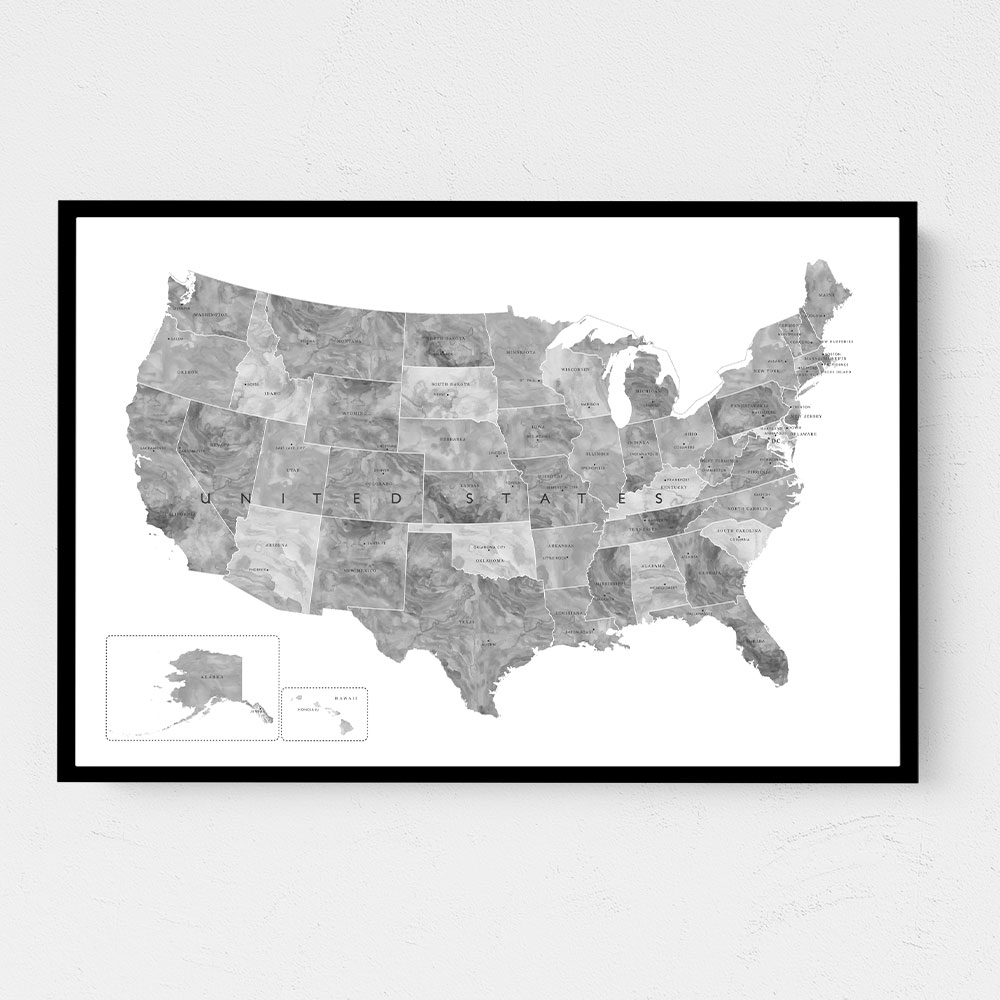 Gray watercolor map of the US