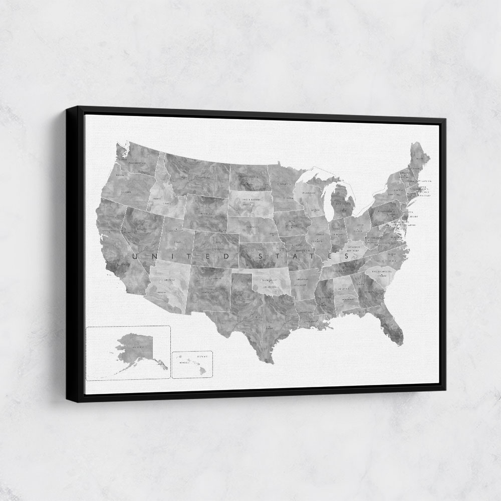Gray watercolor map of the US