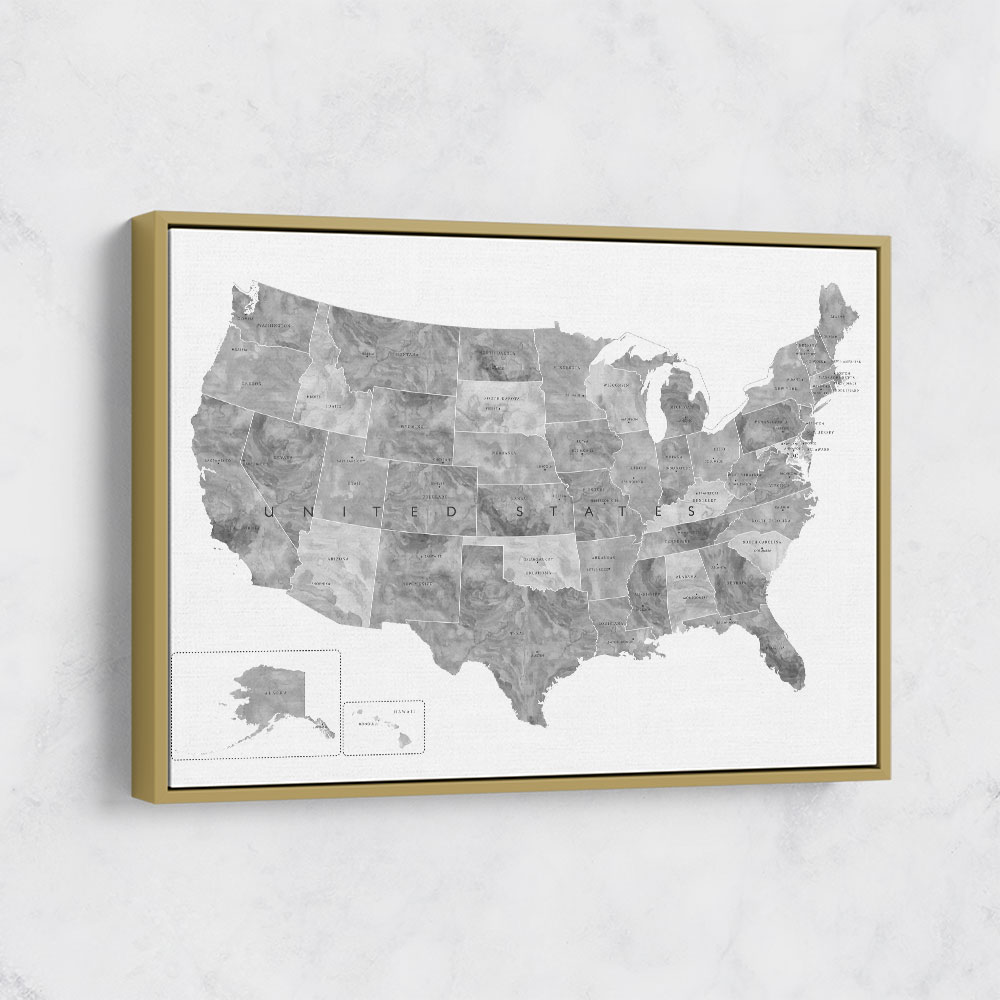 Gray watercolor map of the US