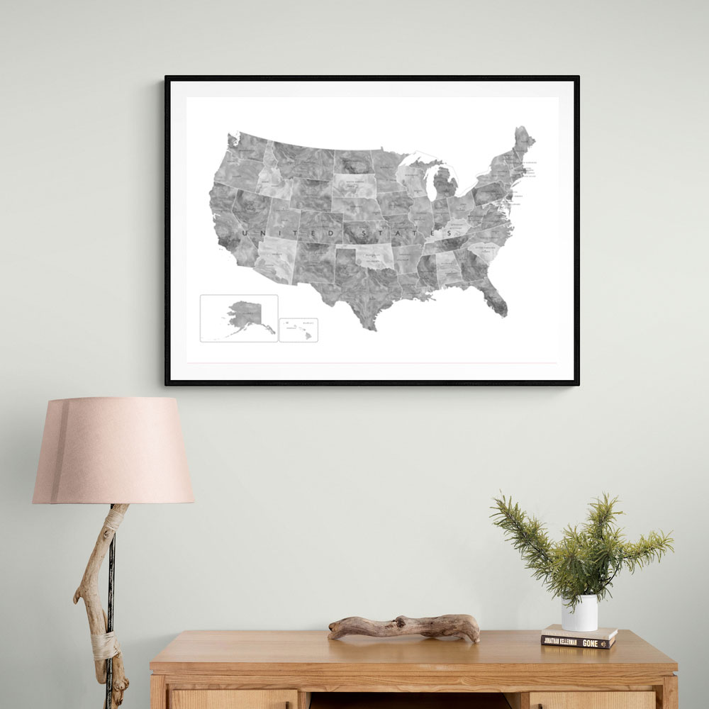 Gray watercolor map of the US